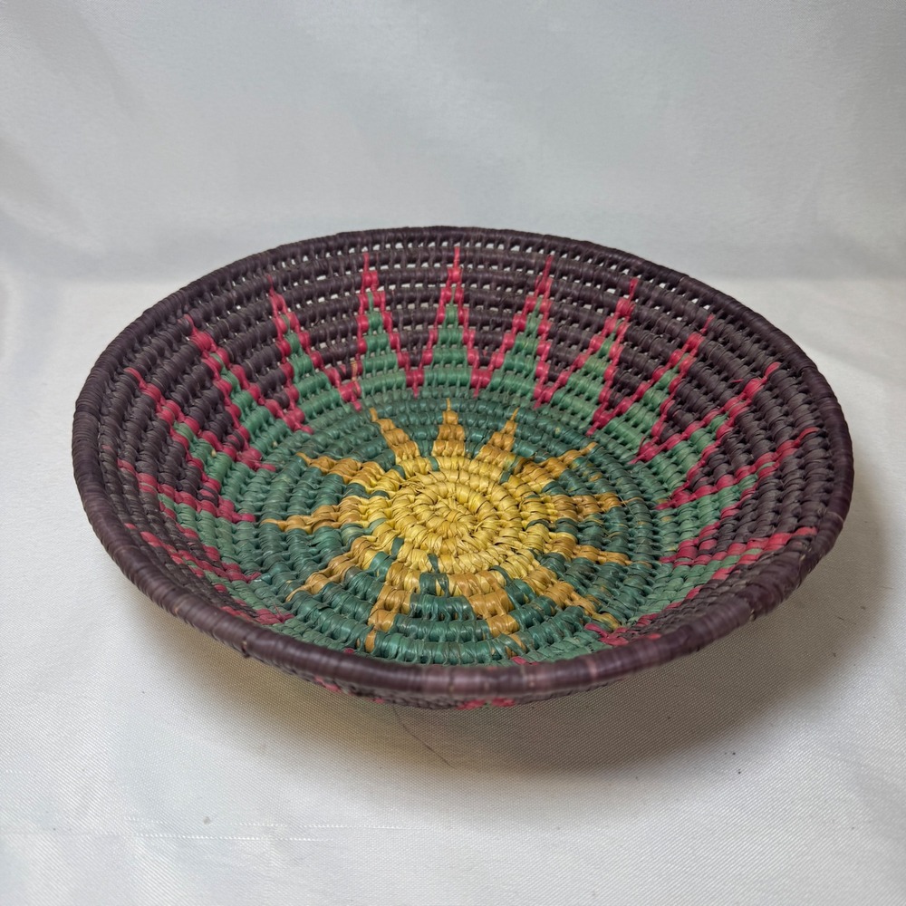 Handwoven Coiled Basket Bowl Sunburst Star Pattern Boho Decor 9 inch Celestial